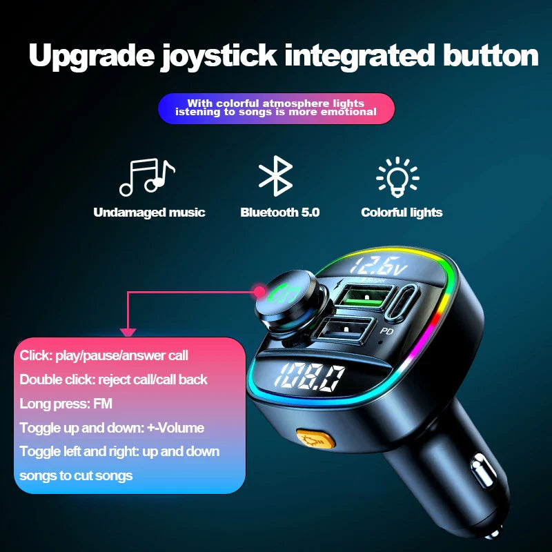 Bluetooth 5.0 Car Wireless FM Transmitter Adapter USB PD Charger AUX Hands-Free